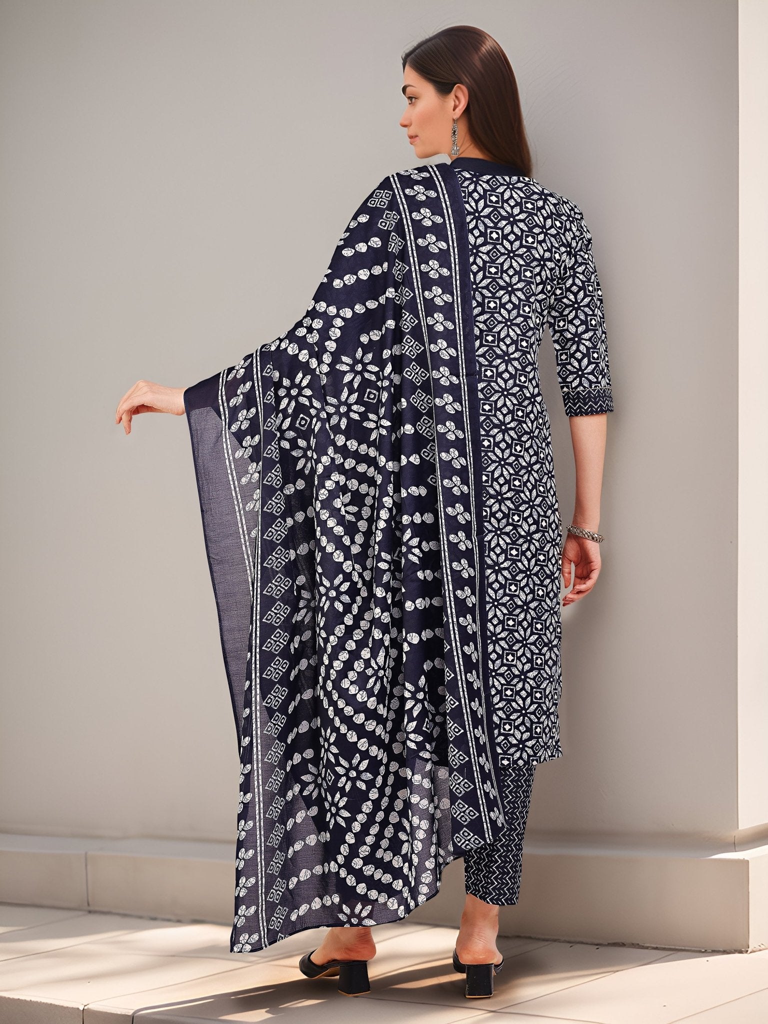 Navy Blue Cotton Blend Kurta Set — back view with dupatta — Banwaree India