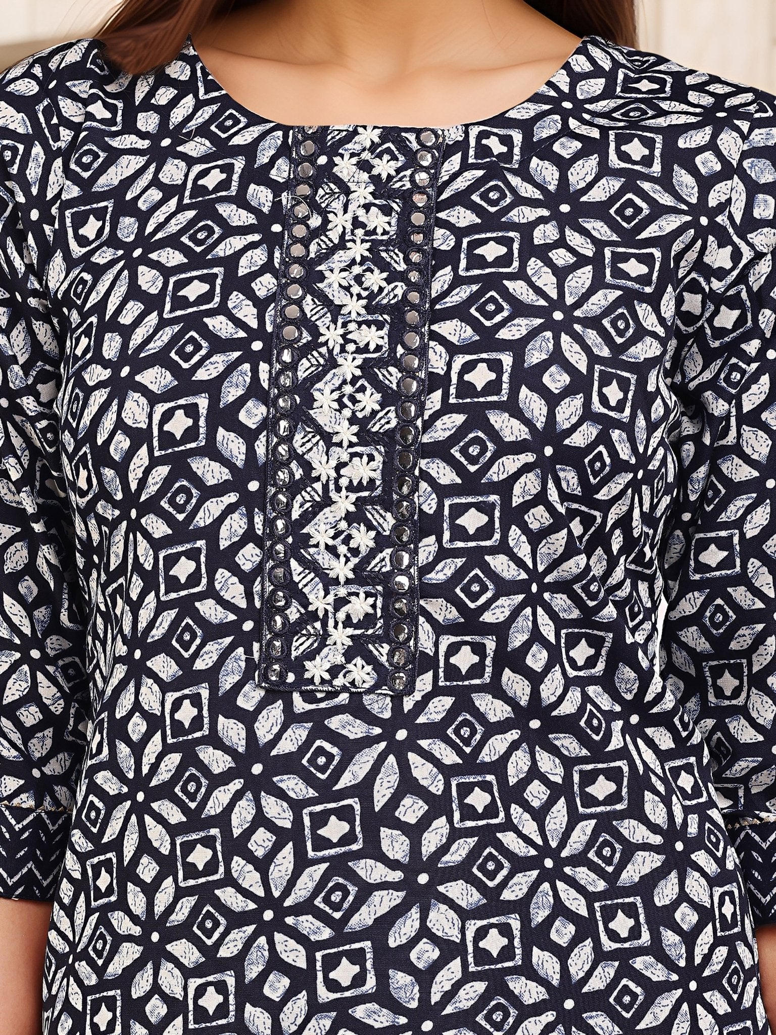 Navy Blue Cotton Blend Kurta Set — fabric detail — Blue breathable cotton blend