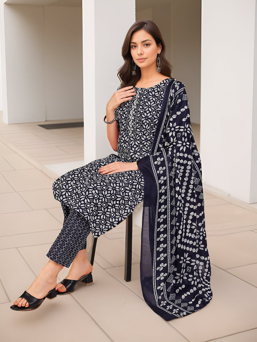 Navy Blue Cotton Blend Kurta Set — everyday styling — casual cotton blend — Banwaree