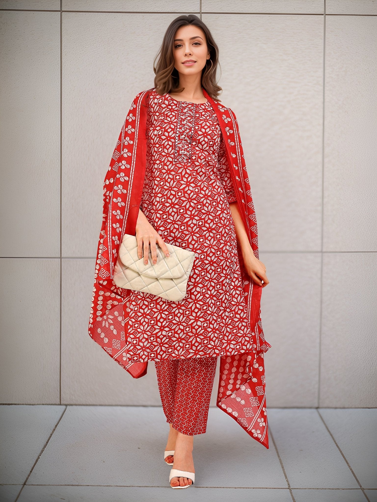 Printed Red Kurta Set in Cotton Blend — front view — pure cotton ethnic wear women