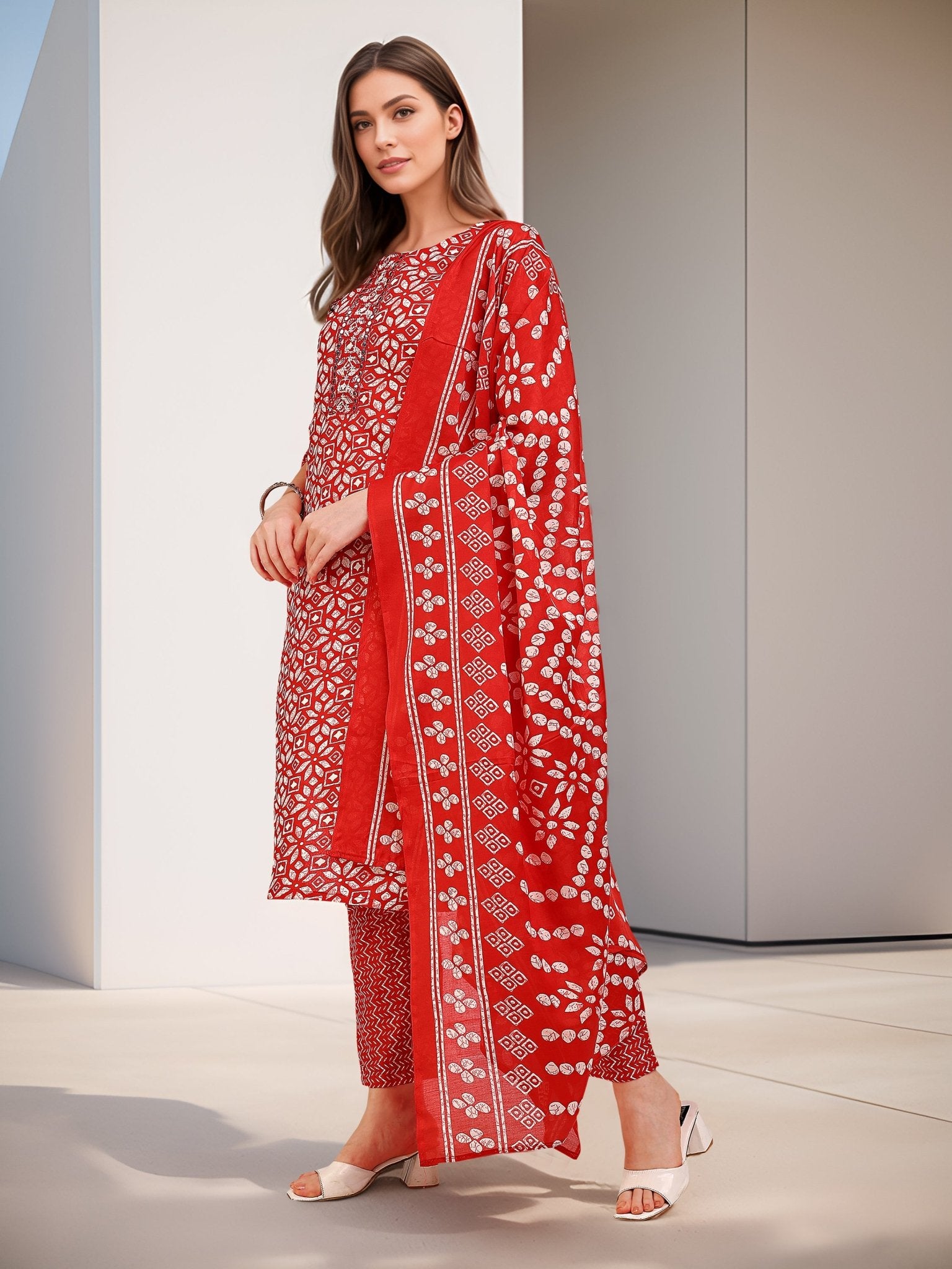 Printed Red Kurta Set in Cotton Blend — side view — Red Cotton Blend women — Banwaree
