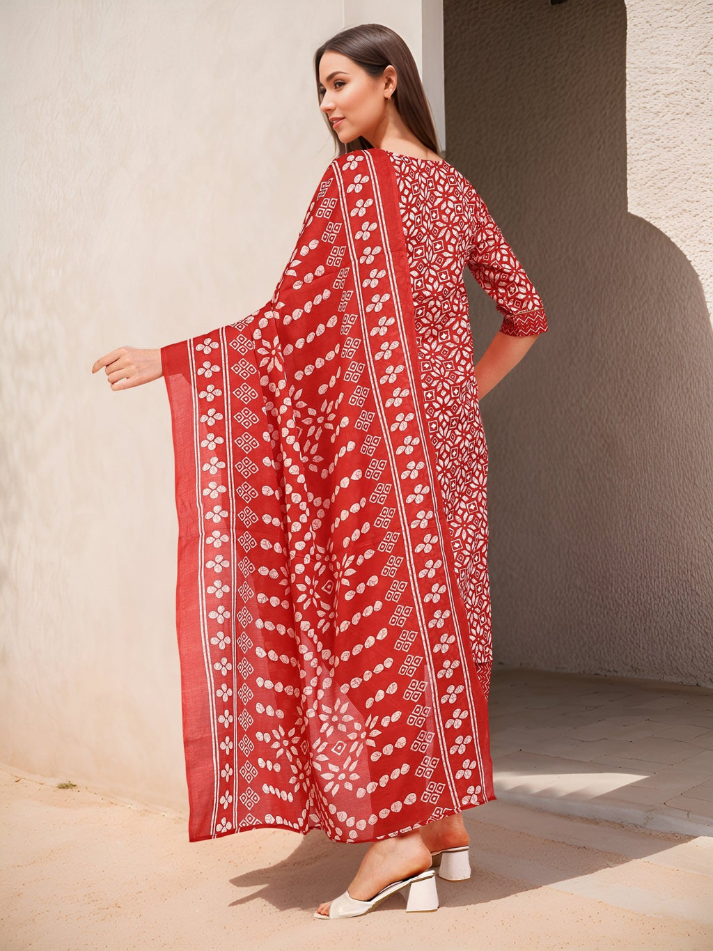 Printed Red Kurta Set in Cotton Blend — back view with dupatta — Banwaree India
