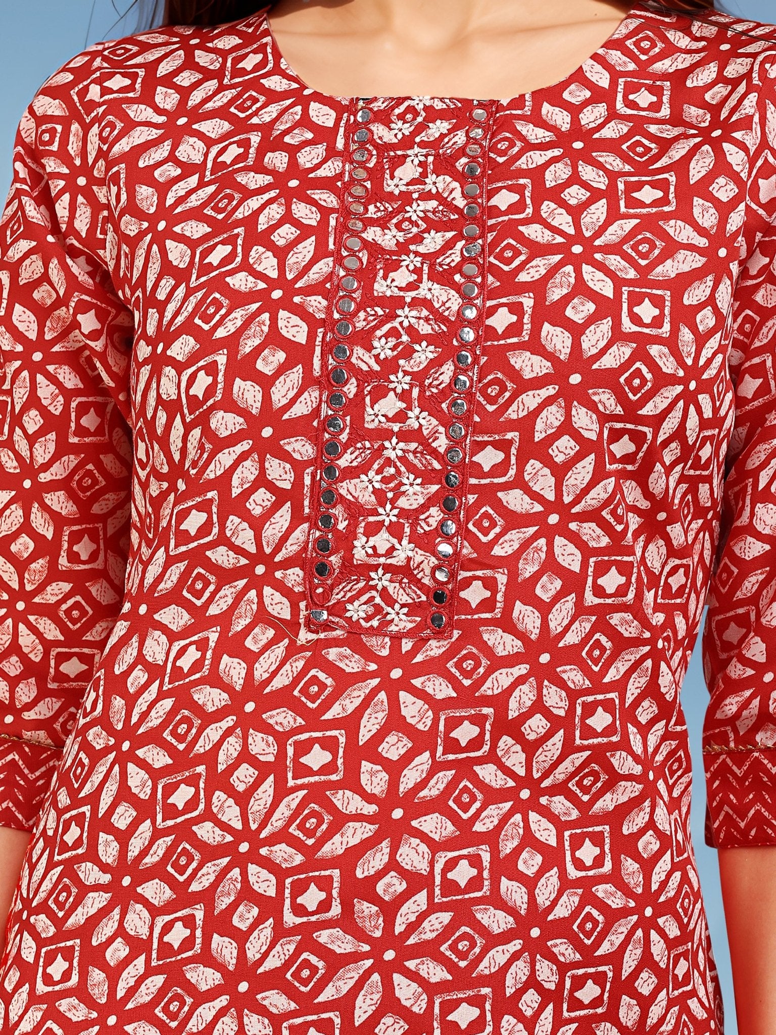 Printed Red Kurta Set in Cotton Blend — fabric detail — Red breathable cotton blend