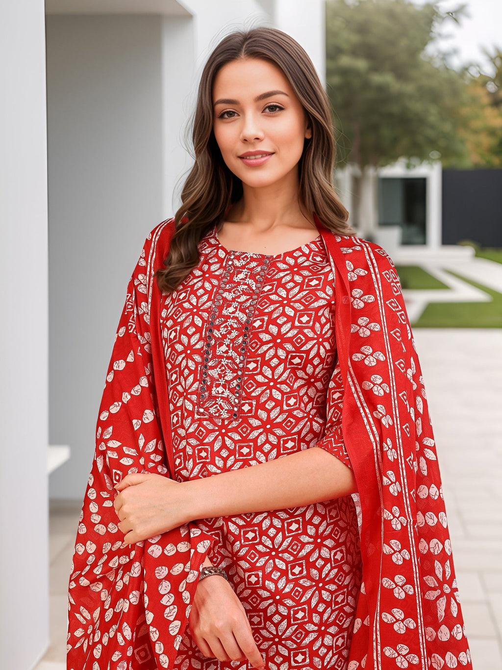 Printed Red Kurta Set in Cotton Blend — dupatta close up — Red Cotton Blend — Banwaree