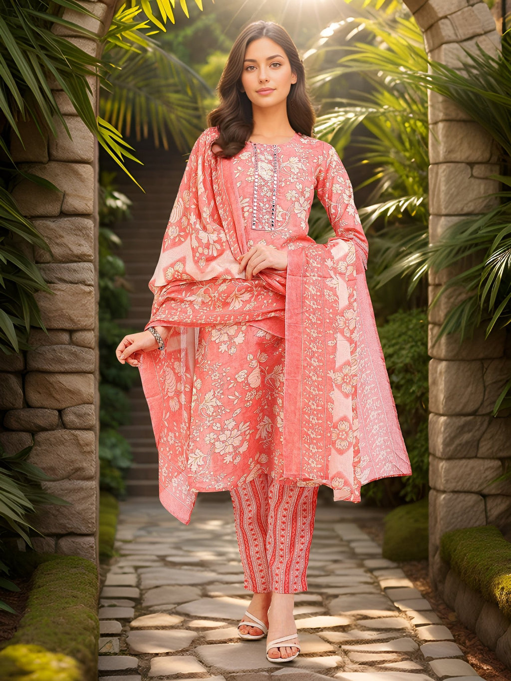 Pink Cotton Blend Straight Kurta Set — front view — pure cotton ethnic wear women