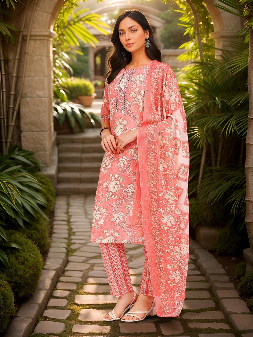 Pink Cotton Blend Straight Kurta Set — side view — Pink Cotton Blend women — Banwaree