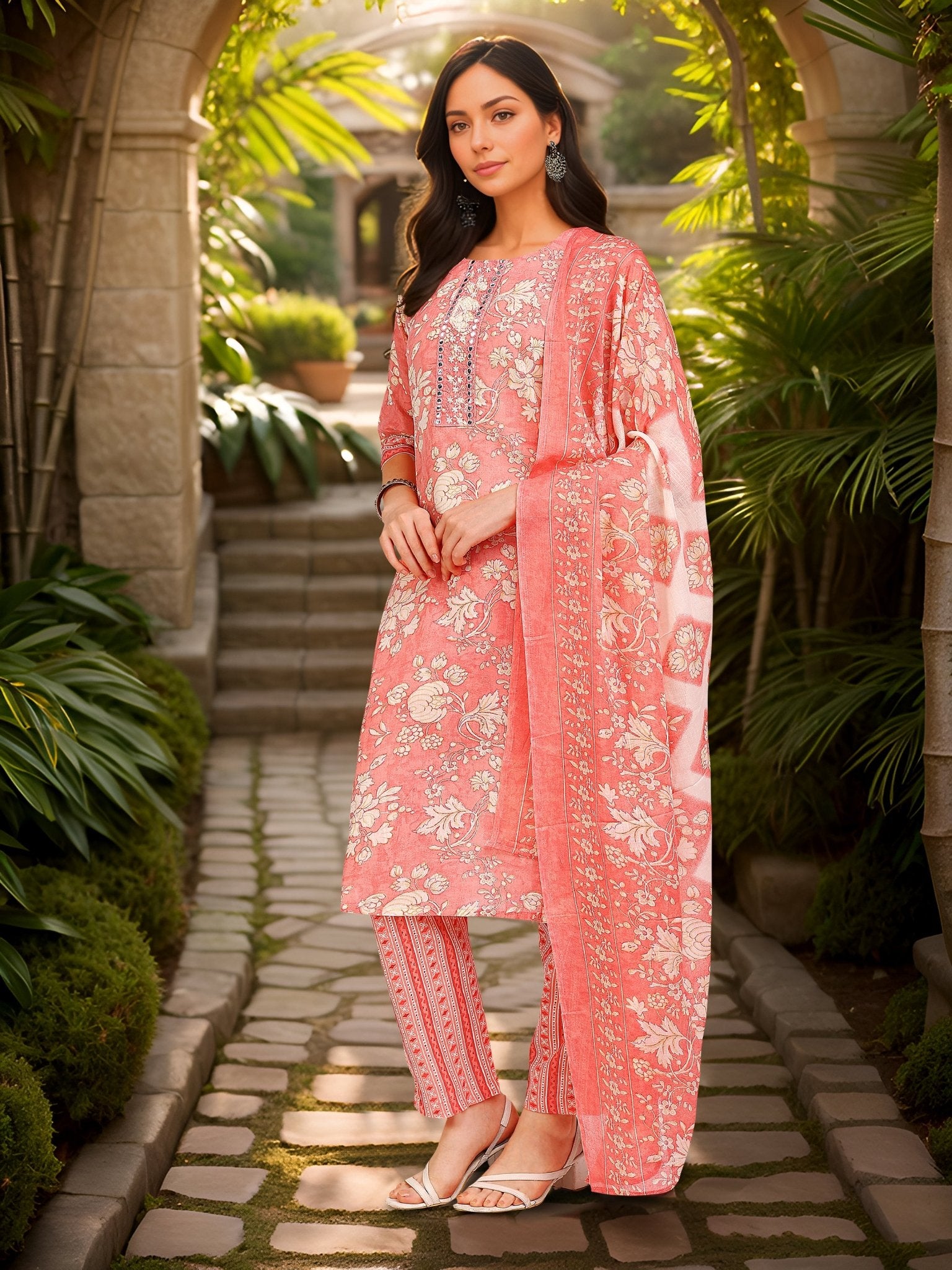Pink Cotton Blend Straight Kurta Set — side view — Pink Cotton Blend women — Banwaree