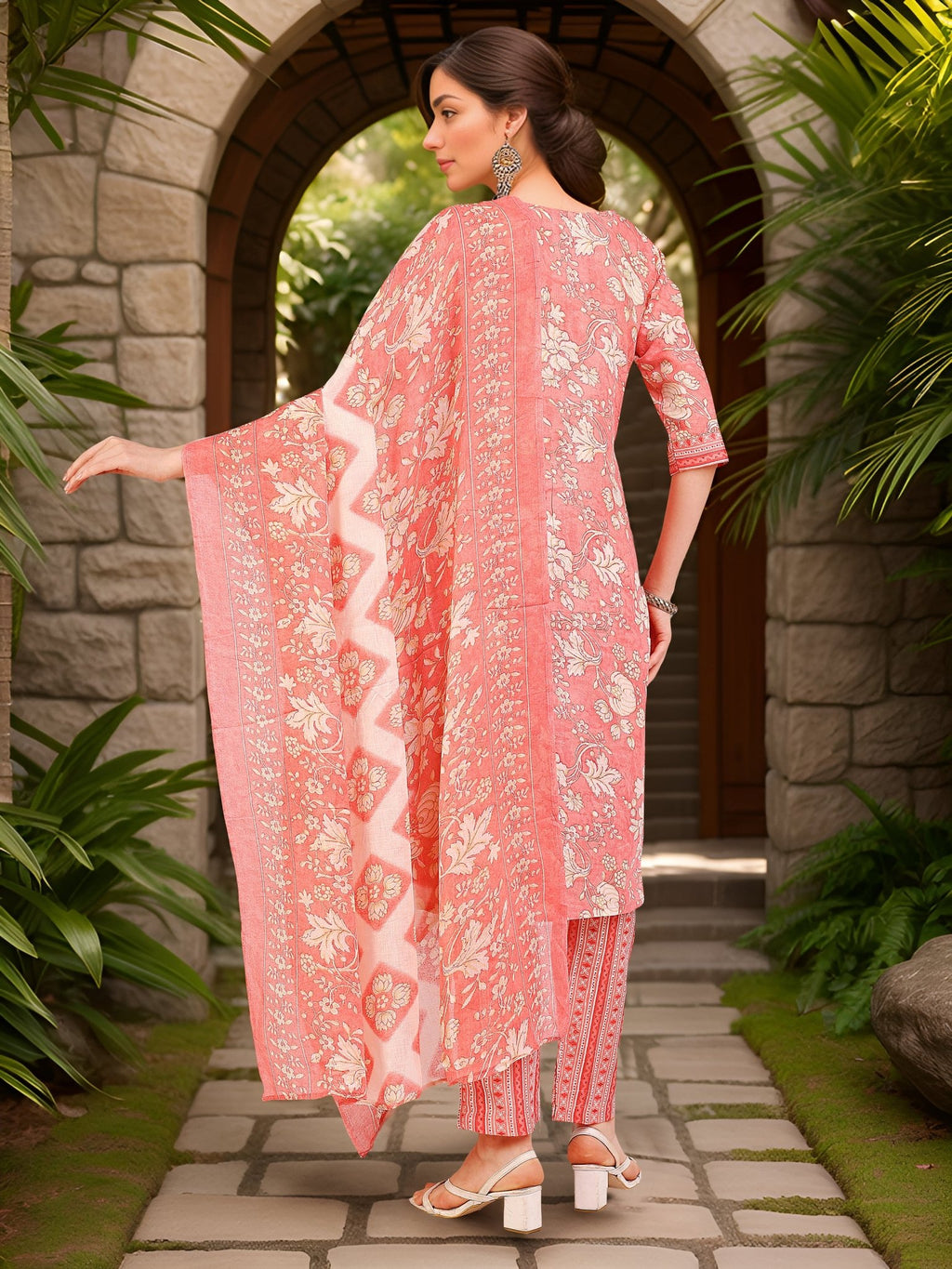 Pink Cotton Blend Straight Kurta Set — back view with dupatta — Banwaree India