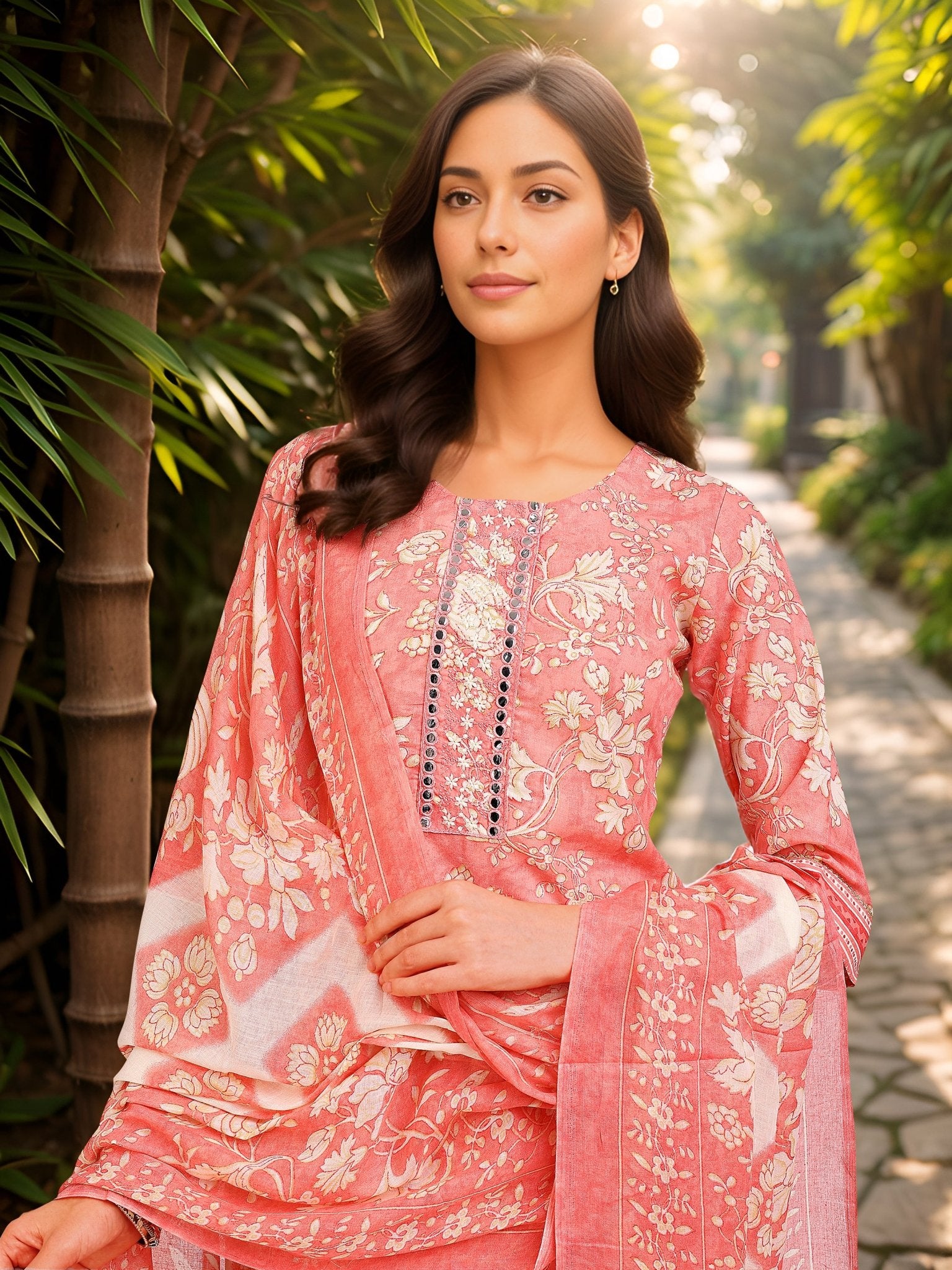 Pink Cotton Blend Straight Kurta Set — dupatta close up — Pink Cotton Blend — Banwaree