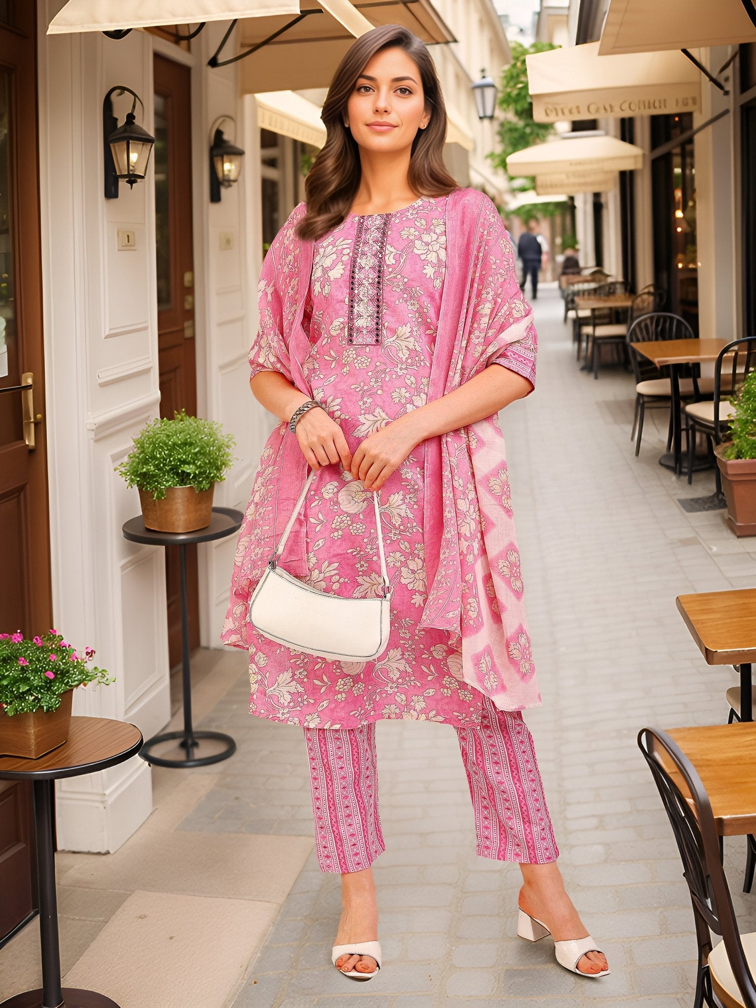 Pink Straight Kurta Set — front view — pure cotton ethnic wear women