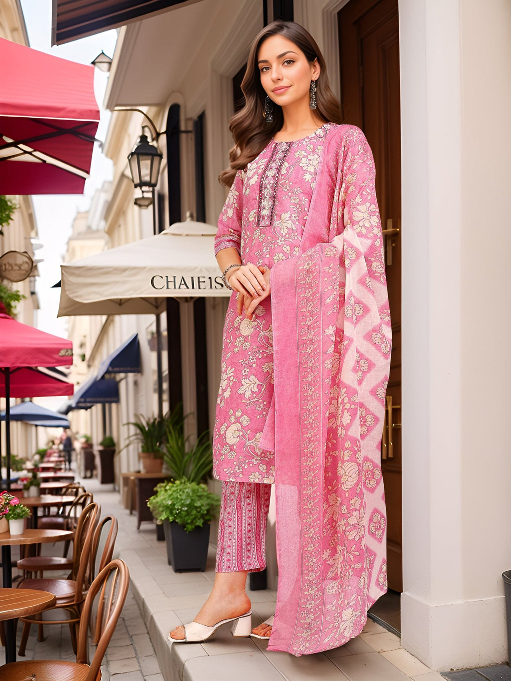 Pink Straight Kurta Set — side view — Pink Cotton Blend women — Banwaree
