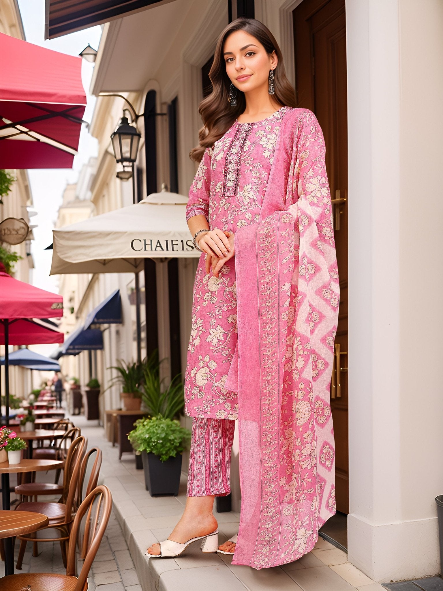 Pink Straight Kurta Set — side view — Pink Cotton Blend women — Banwaree