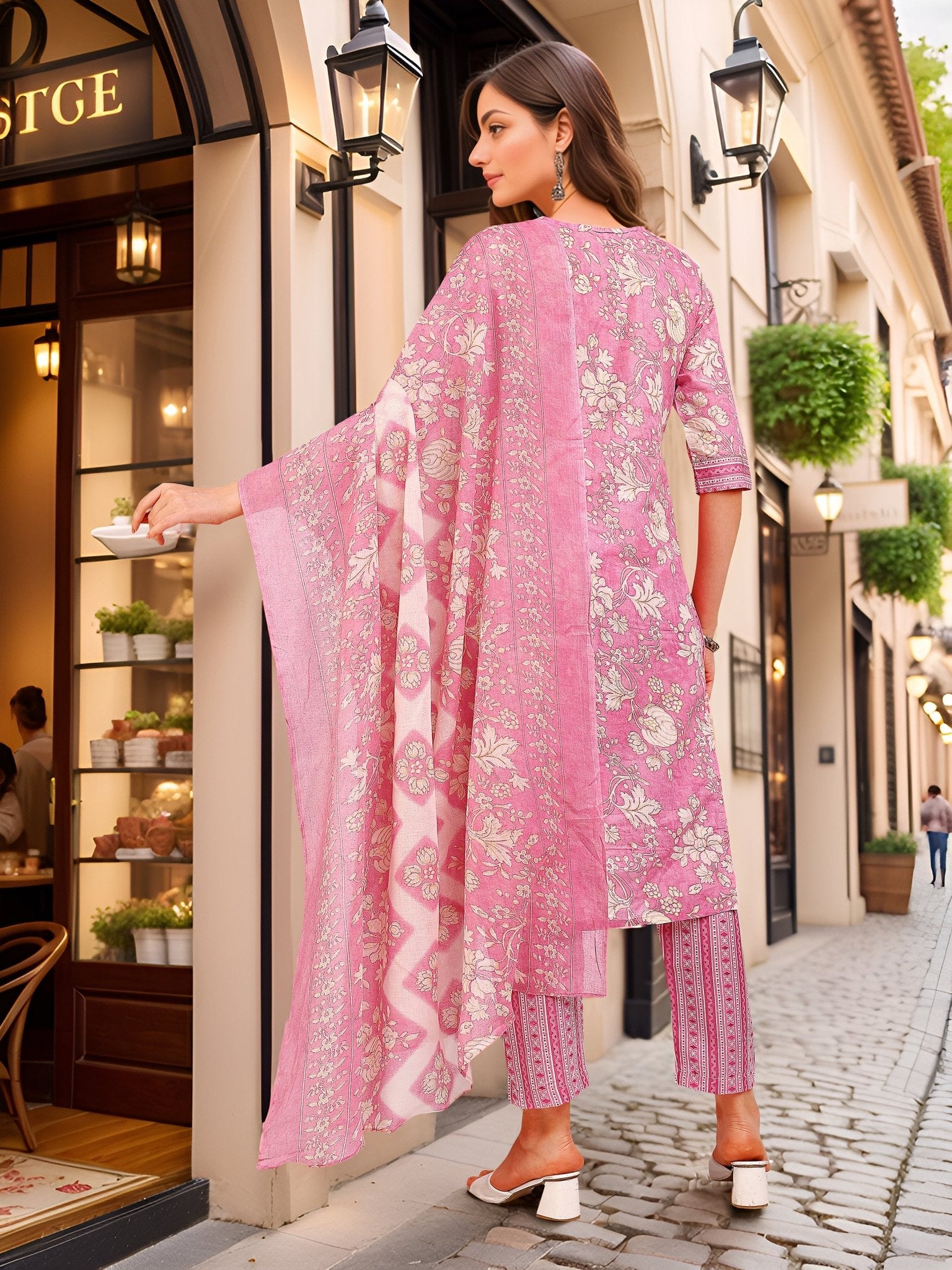 Pink Straight Kurta Set — back view with dupatta — Banwaree India