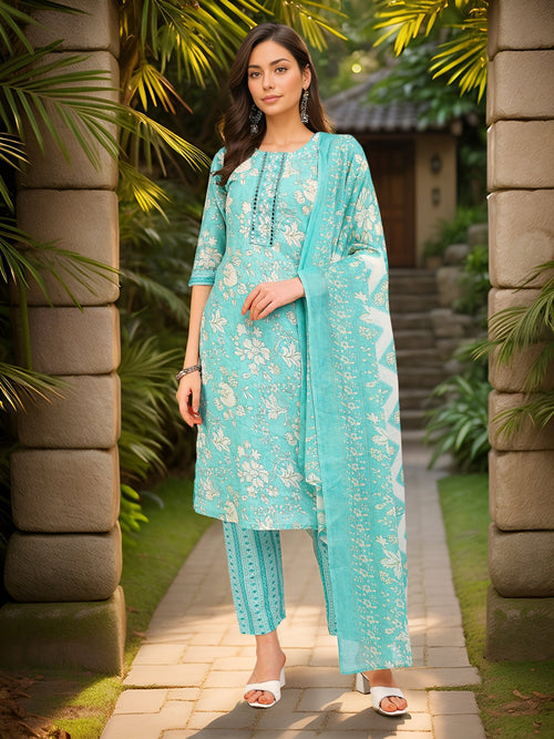 Blue Printed Cotton Blend Ethnic Kurta Set — front view — pure cotton ethnic wear women