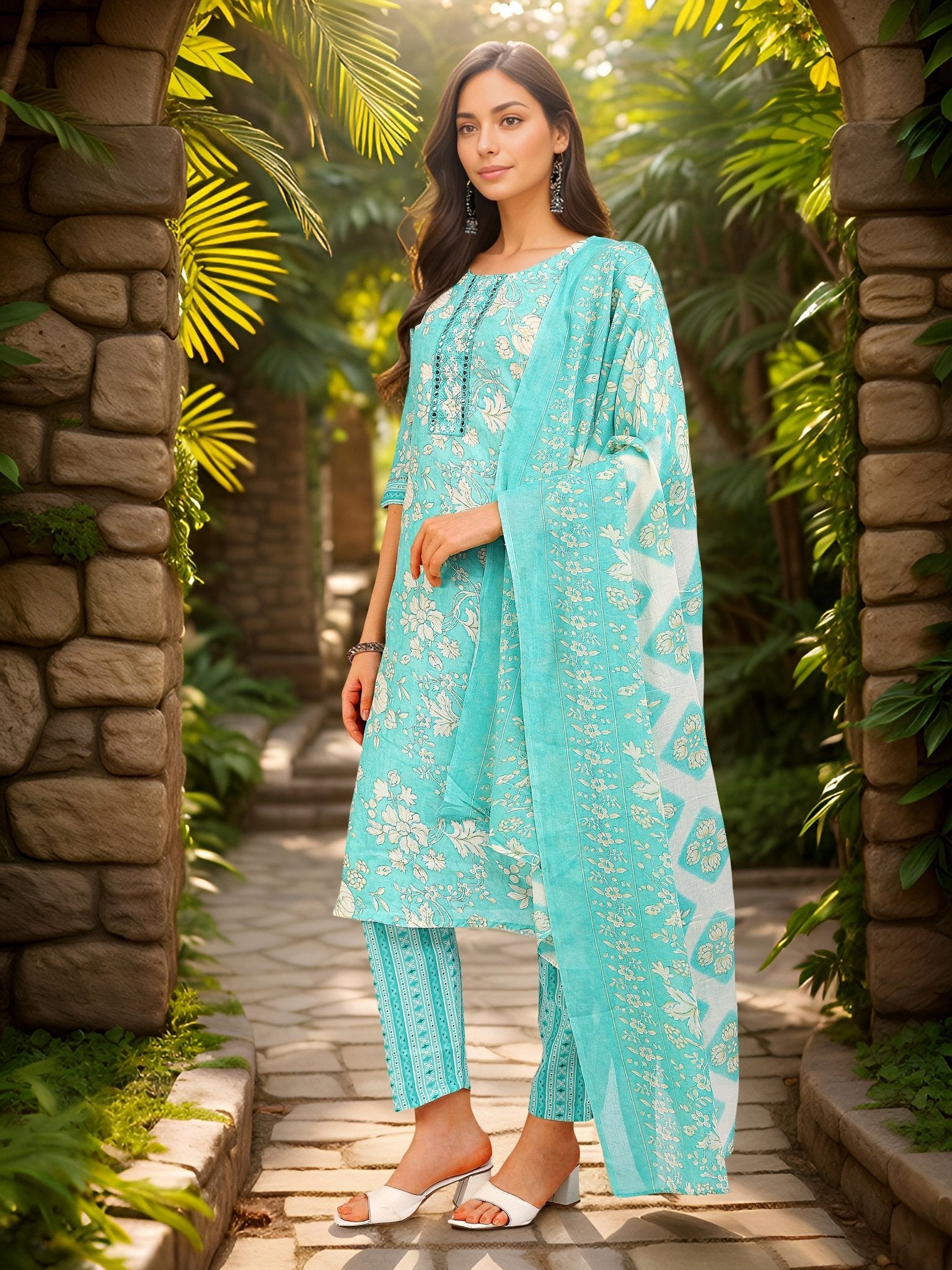 Blue Printed Cotton Blend Ethnic Kurta Set — side view — Blue Cotton Blend women — Banwaree