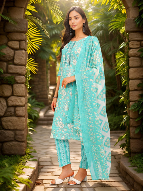 Blue Printed Cotton Blend Ethnic Kurta Set — side view — Blue Cotton Blend women — Banwaree