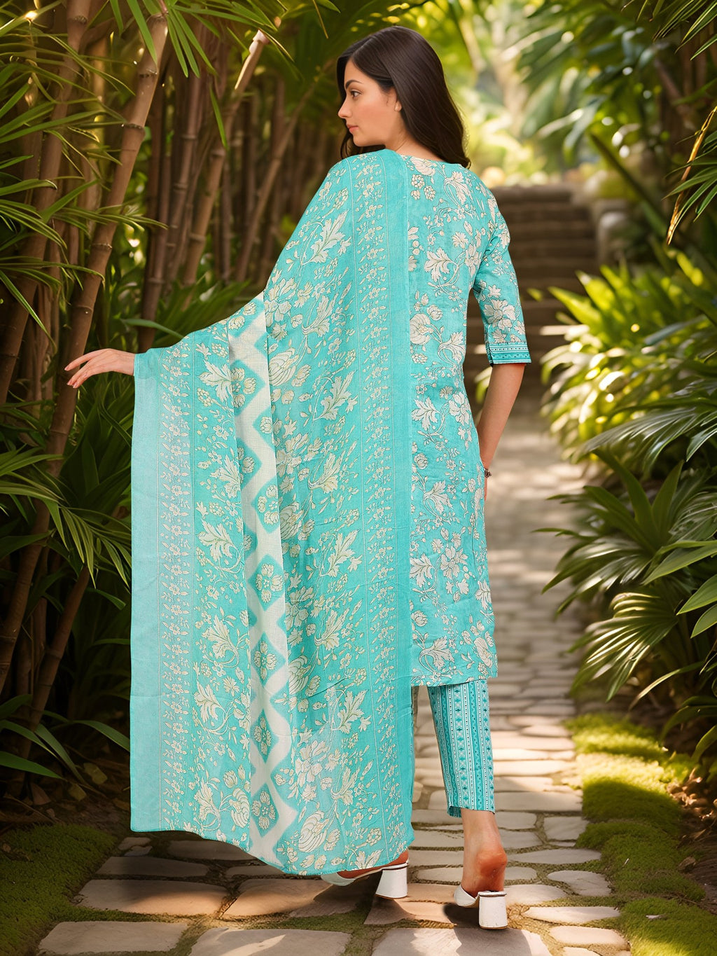 Blue Printed Cotton Blend Ethnic Kurta Set — back view with dupatta — Banwaree India