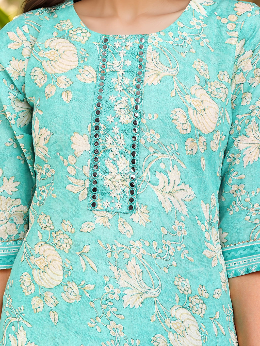 Blue Printed Cotton Blend Ethnic Kurta Set — fabric detail — Blue breathable cotton blend