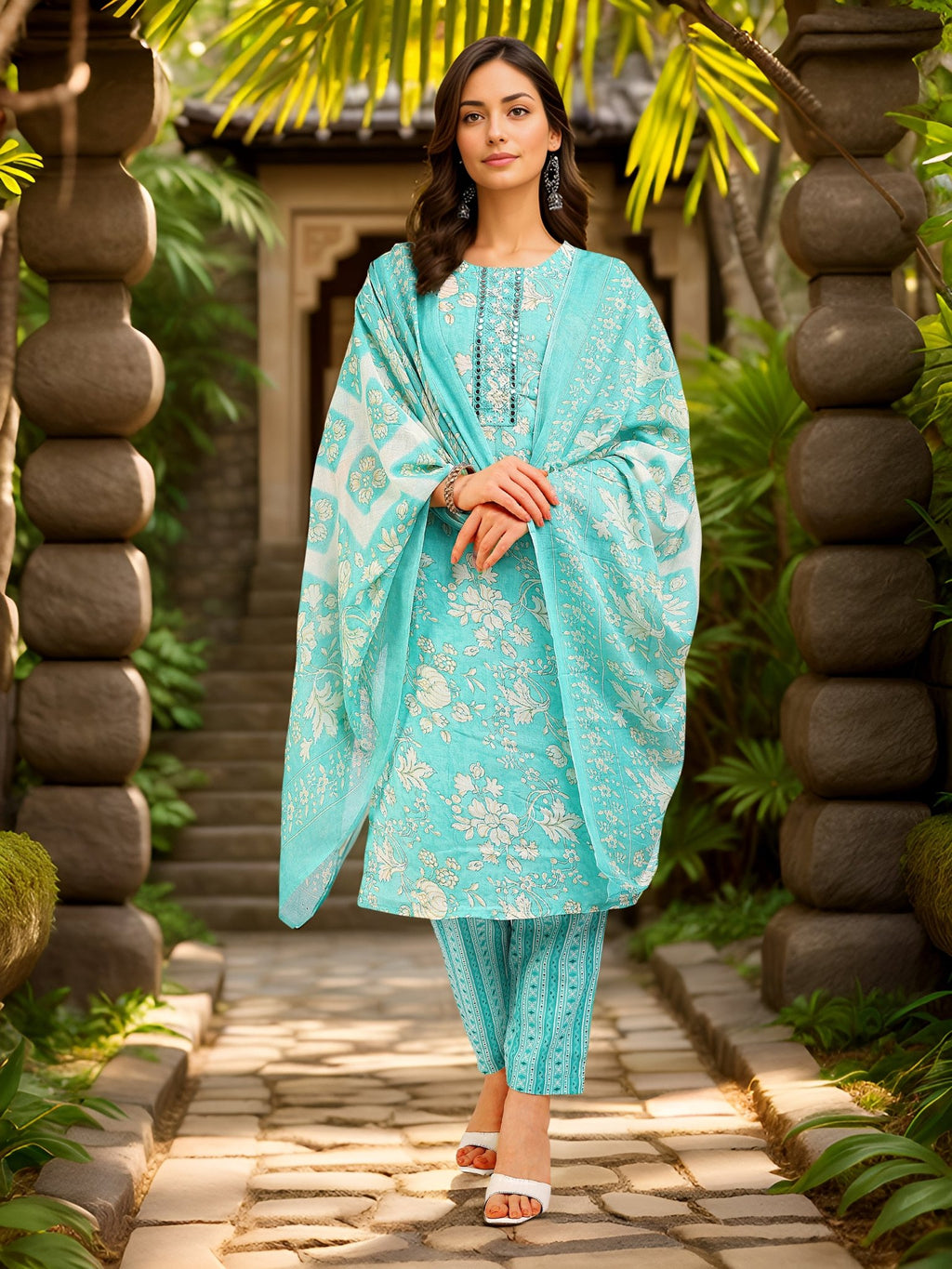 Blue Printed Cotton Blend Ethnic Kurta Set — everyday styling — casual cotton blend — Banwaree