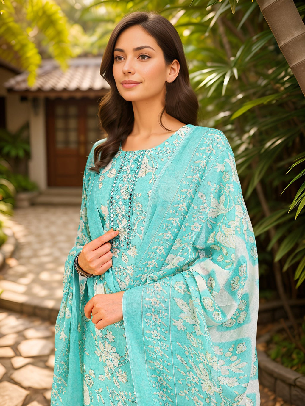 Blue Printed Cotton Blend Ethnic Kurta Set — dupatta close up — Blue Cotton Blend — Banwaree