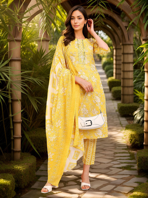 Ethnic Yellow Cotton Blend Printed Kurta Set — front view — pure cotton ethnic wear women