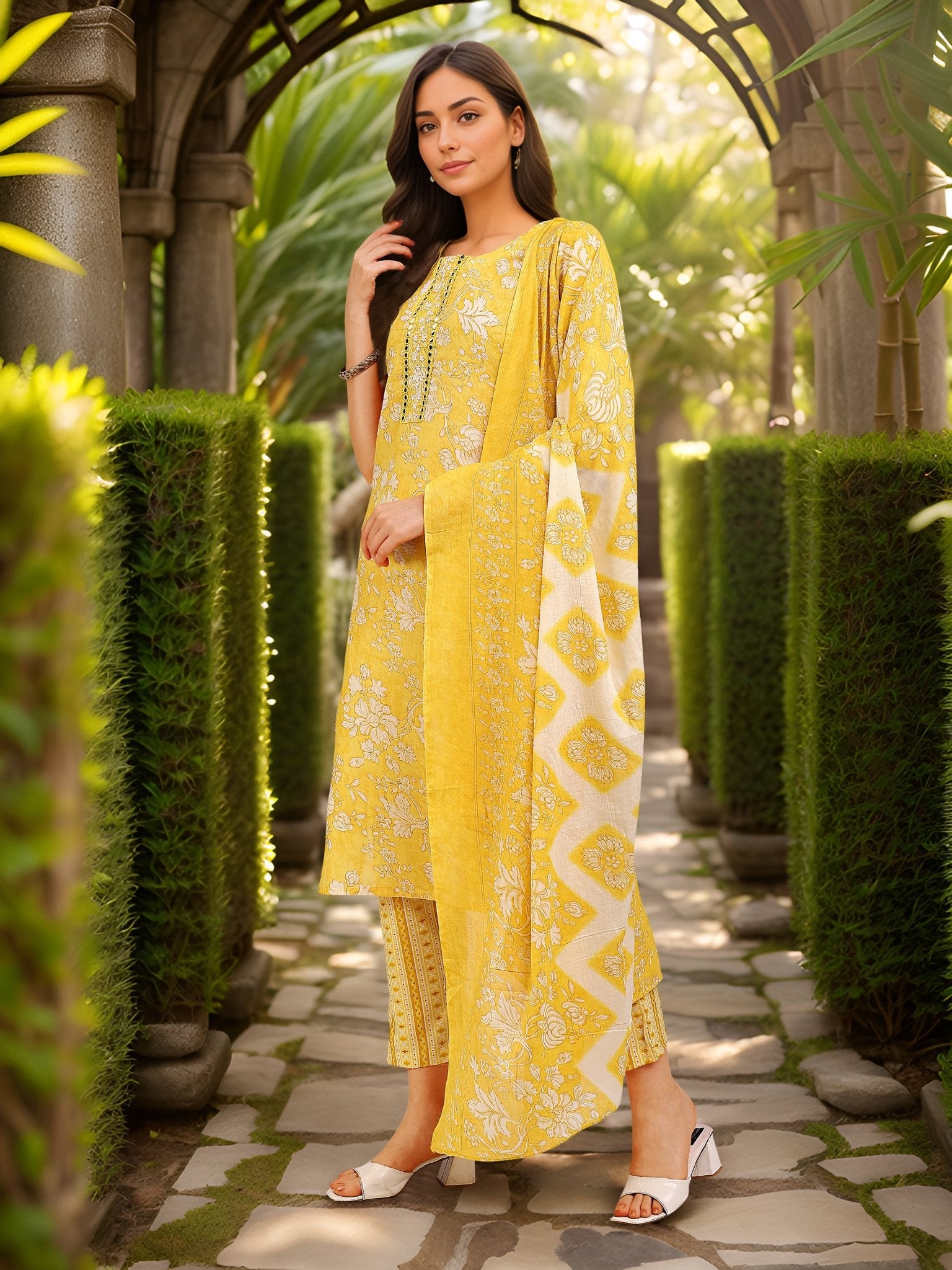 Ethnic Yellow Cotton Blend Printed Kurta Set — side view — Yellow Cotton Blend women — Banwaree