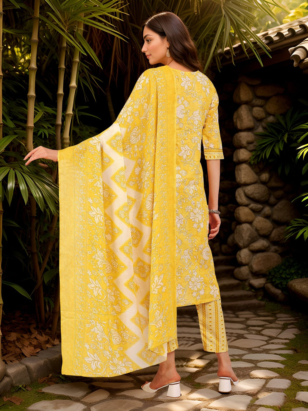 Ethnic Yellow Cotton Blend Printed Kurta Set — back view with dupatta — Banwaree India