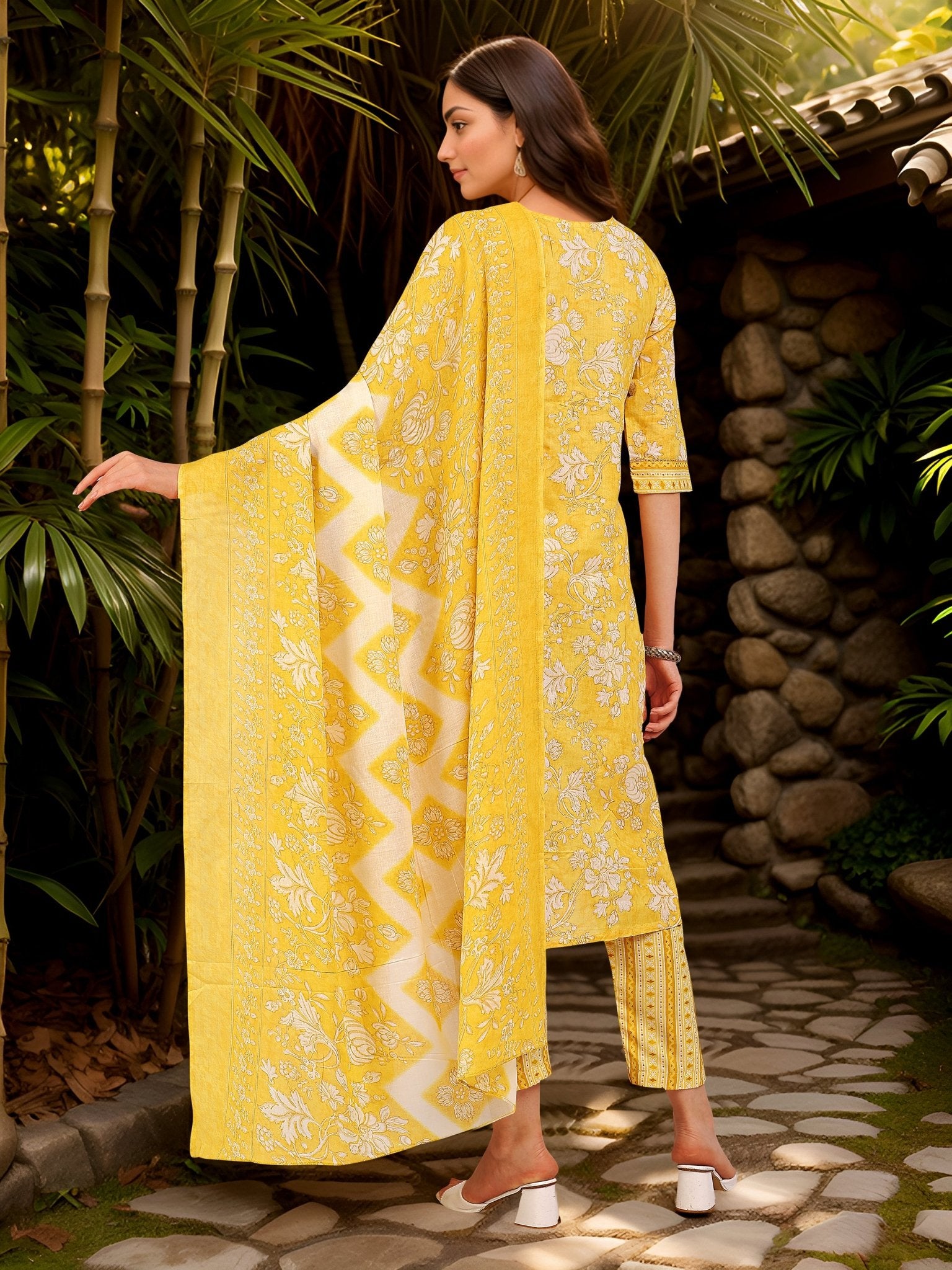 Ethnic Yellow Cotton Blend Printed Kurta Set — back view with dupatta — Banwaree India
