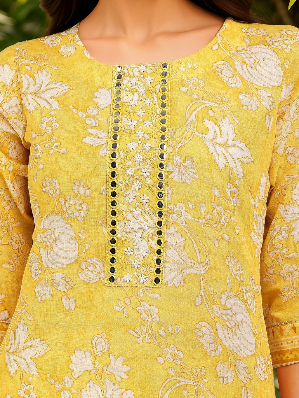 Ethnic Yellow Cotton Blend Printed Kurta Set — fabric detail — Yellow breathable cotton blend