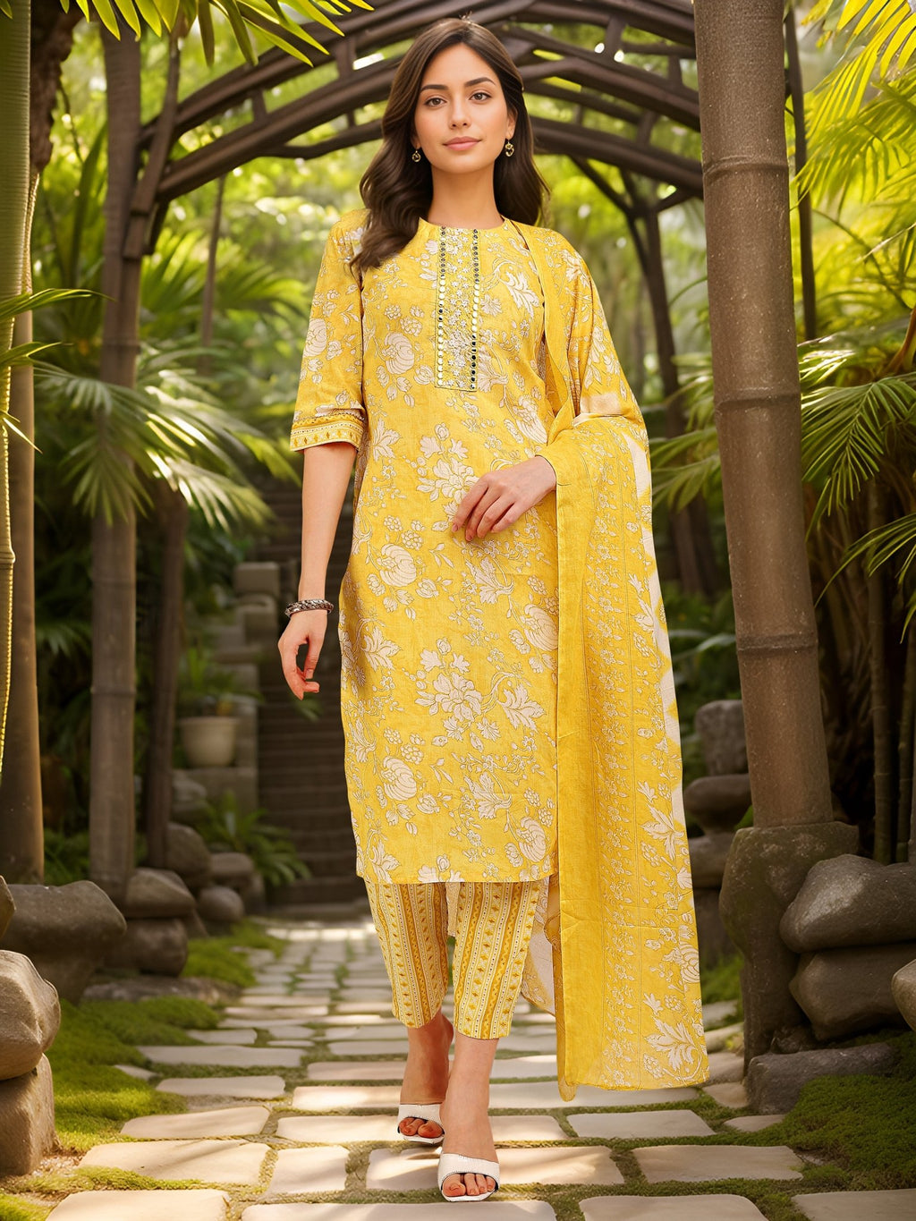 Ethnic Yellow Cotton Blend Printed Kurta Set — festive styling — casual cotton blend — Banwaree