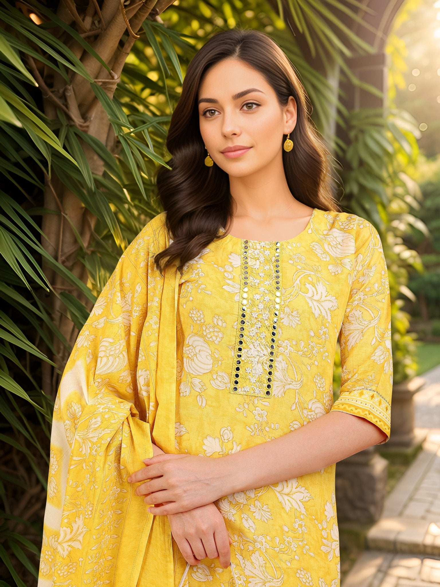 Ethnic Yellow Cotton Blend Printed Kurta Set — dupatta close up — Yellow Cotton Blend — Banwaree