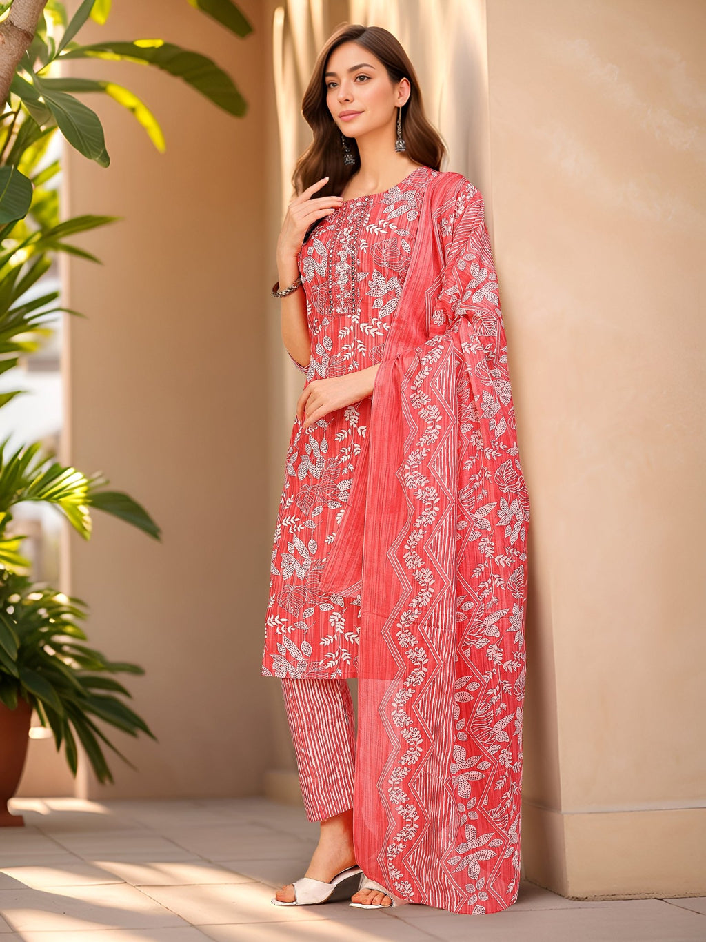 Pink Cotton Blend Kurta Set — side view — Pink Cotton Blend women — Banwaree