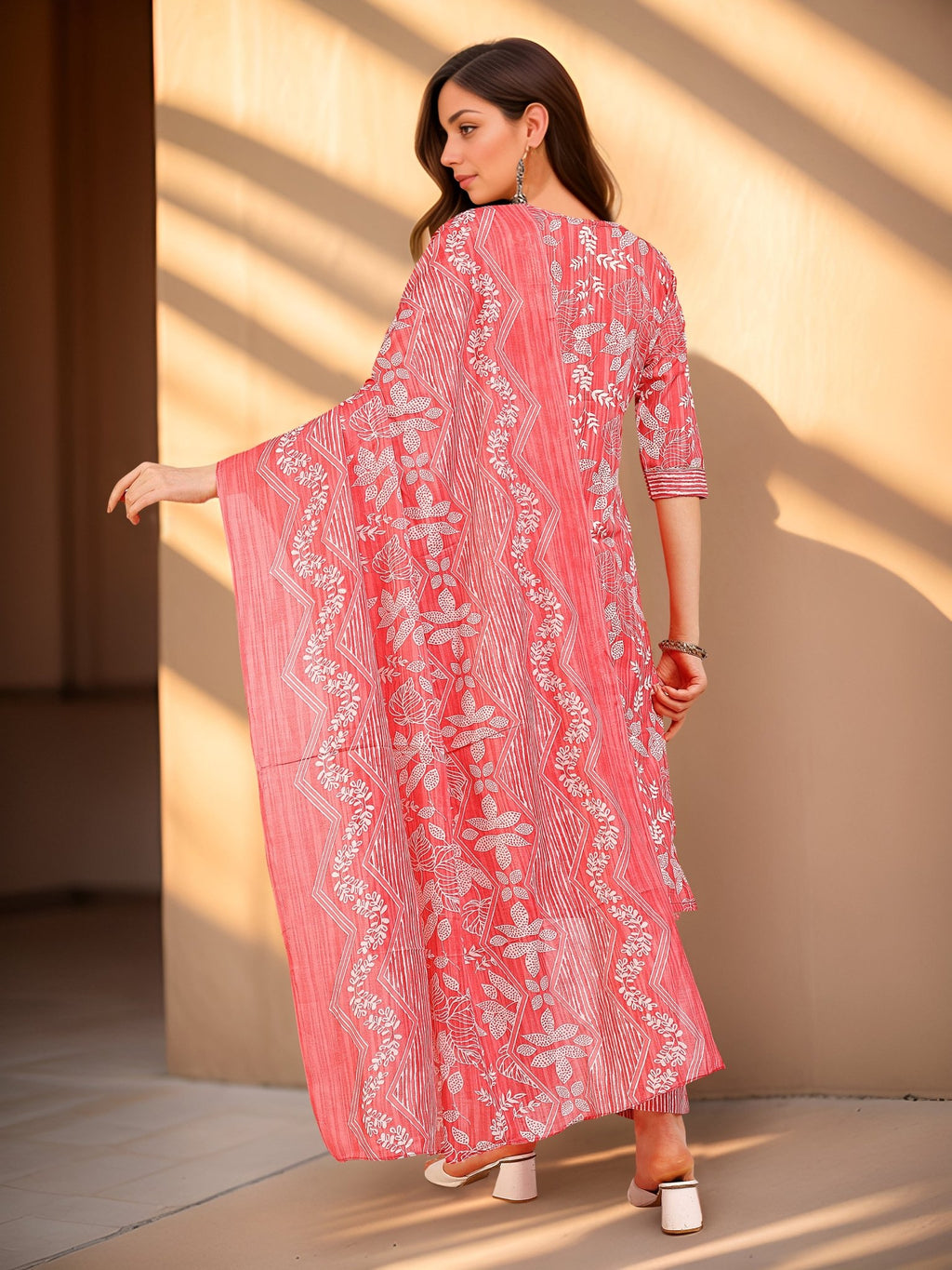 Pink Cotton Blend Kurta Set — back view with dupatta — Banwaree India