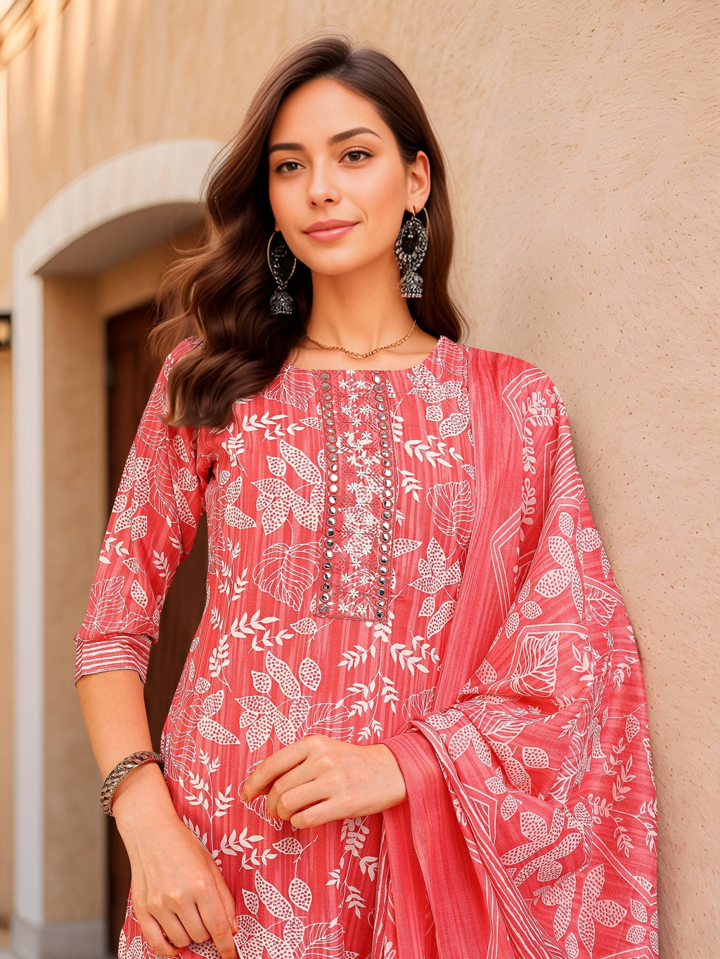 Pink Cotton Blend Kurta Set — dupatta close up — Pink Cotton Blend — Banwaree