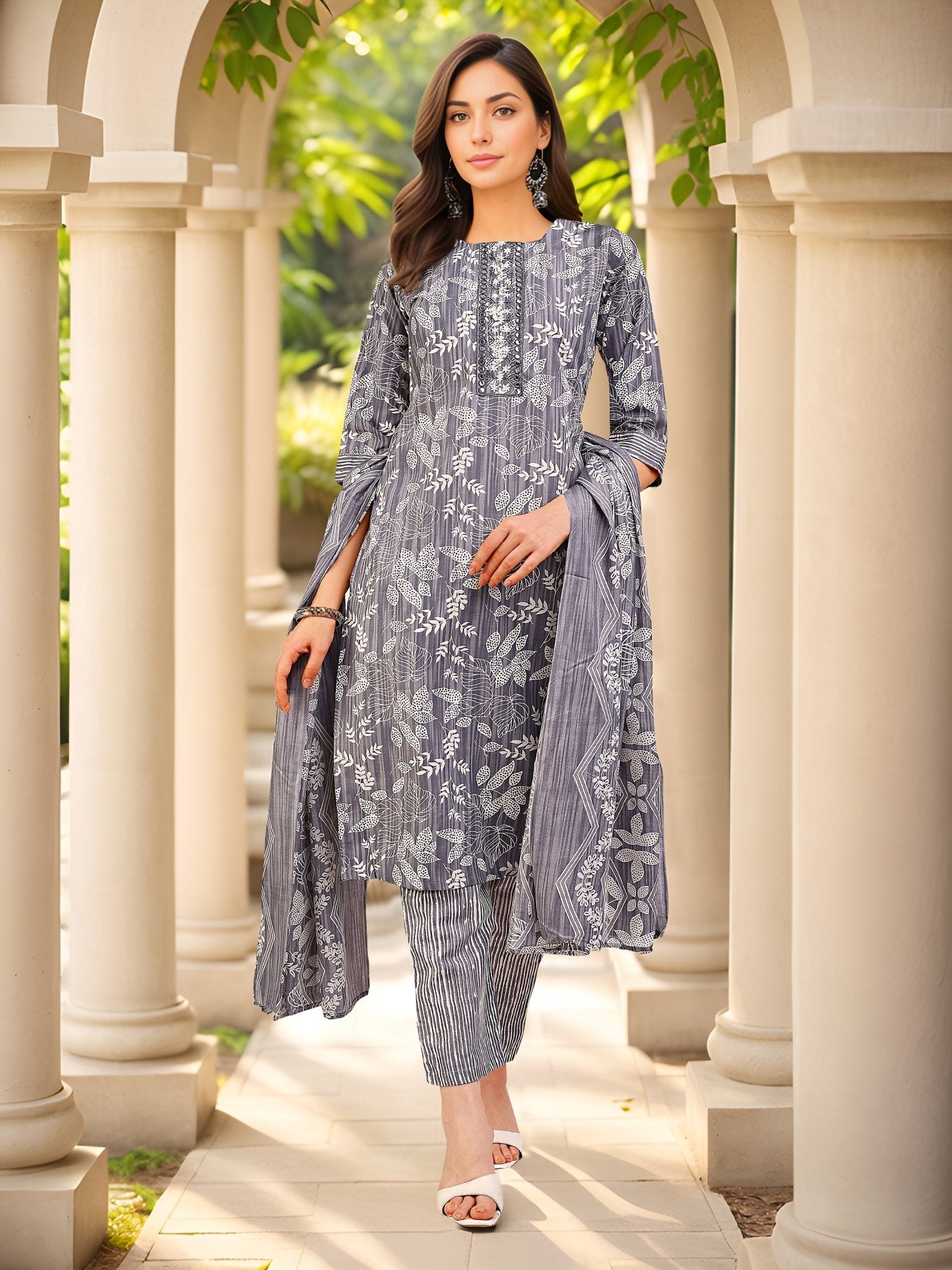 Grey Indian Kurta Set — front view — pure cotton ethnic wear women