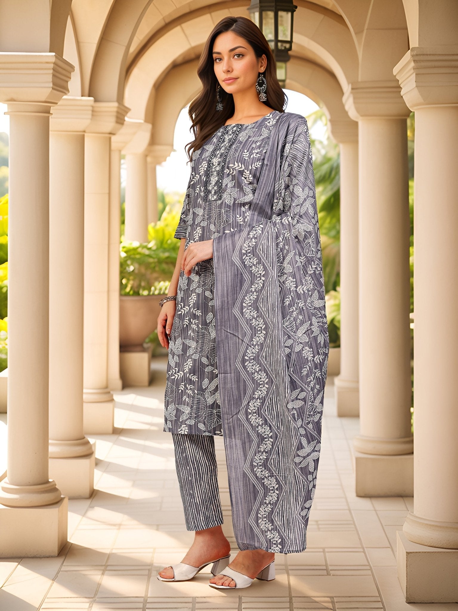 Grey Indian Kurta Set — side view — Grey Cotton Blend women — Banwaree