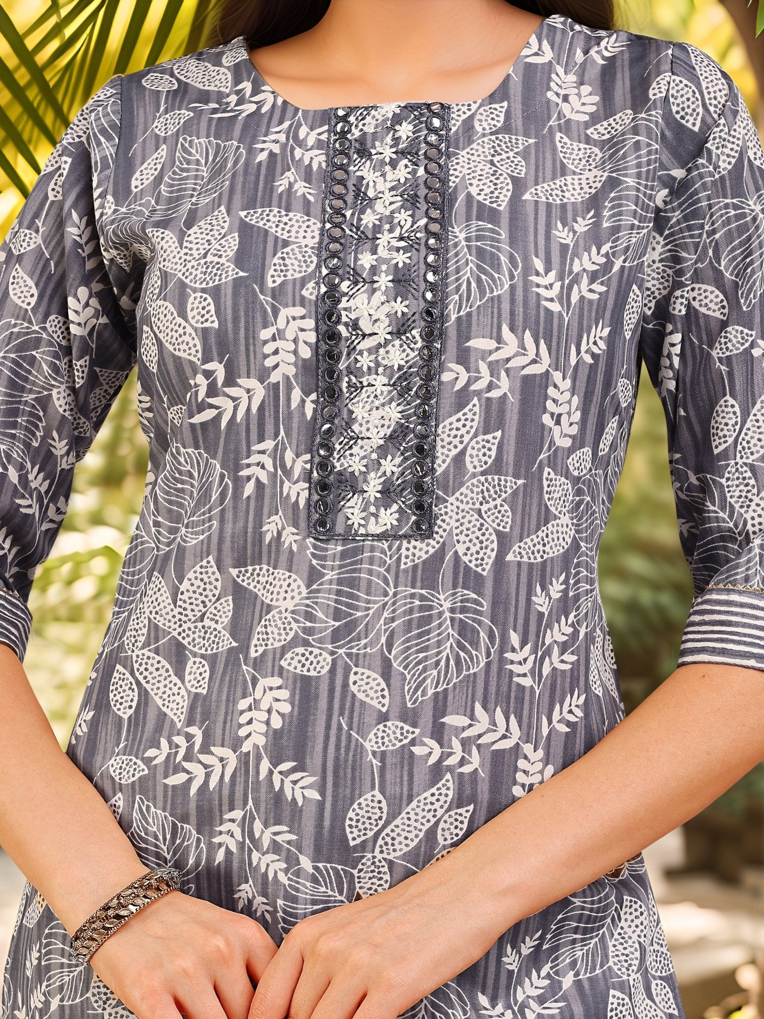 Grey Indian Kurta Set — fabric detail — Grey breathable cotton blend