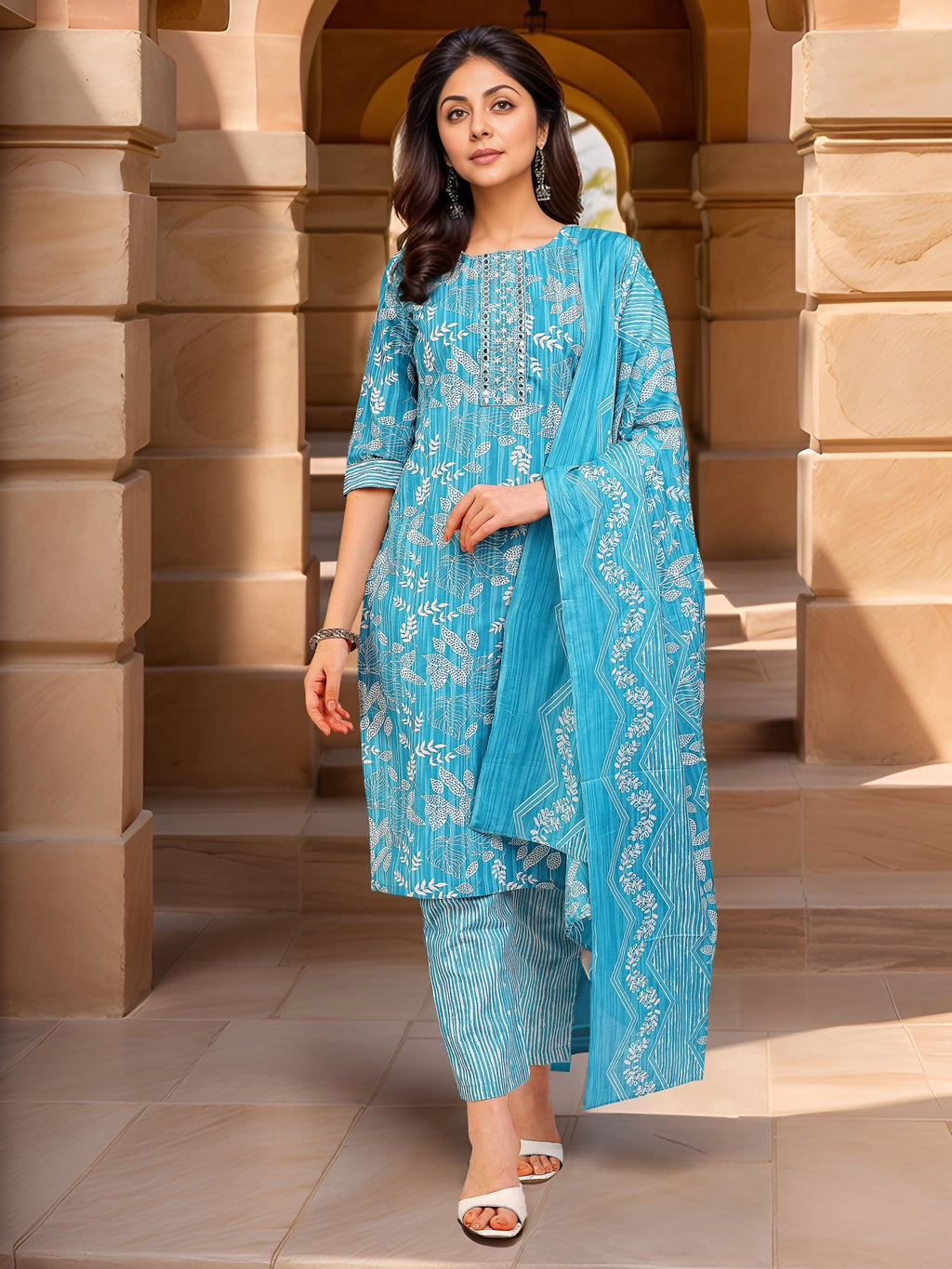 Blue Cotton Blend Kurta Set with Printed Dupatta — front view — pure cotton ethnic wear women