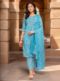 Blue Cotton Blend Kurta Set with Printed Dupatta — front view — pure cotton ethnic wear women