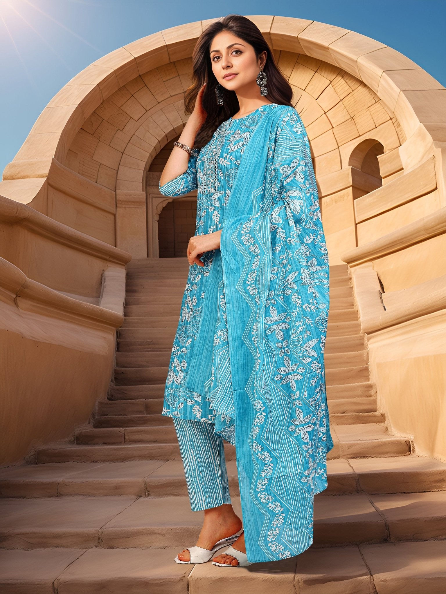 Blue Cotton Blend Kurta Set with Printed Dupatta — side view — Blue Cotton Blend women — Banwaree