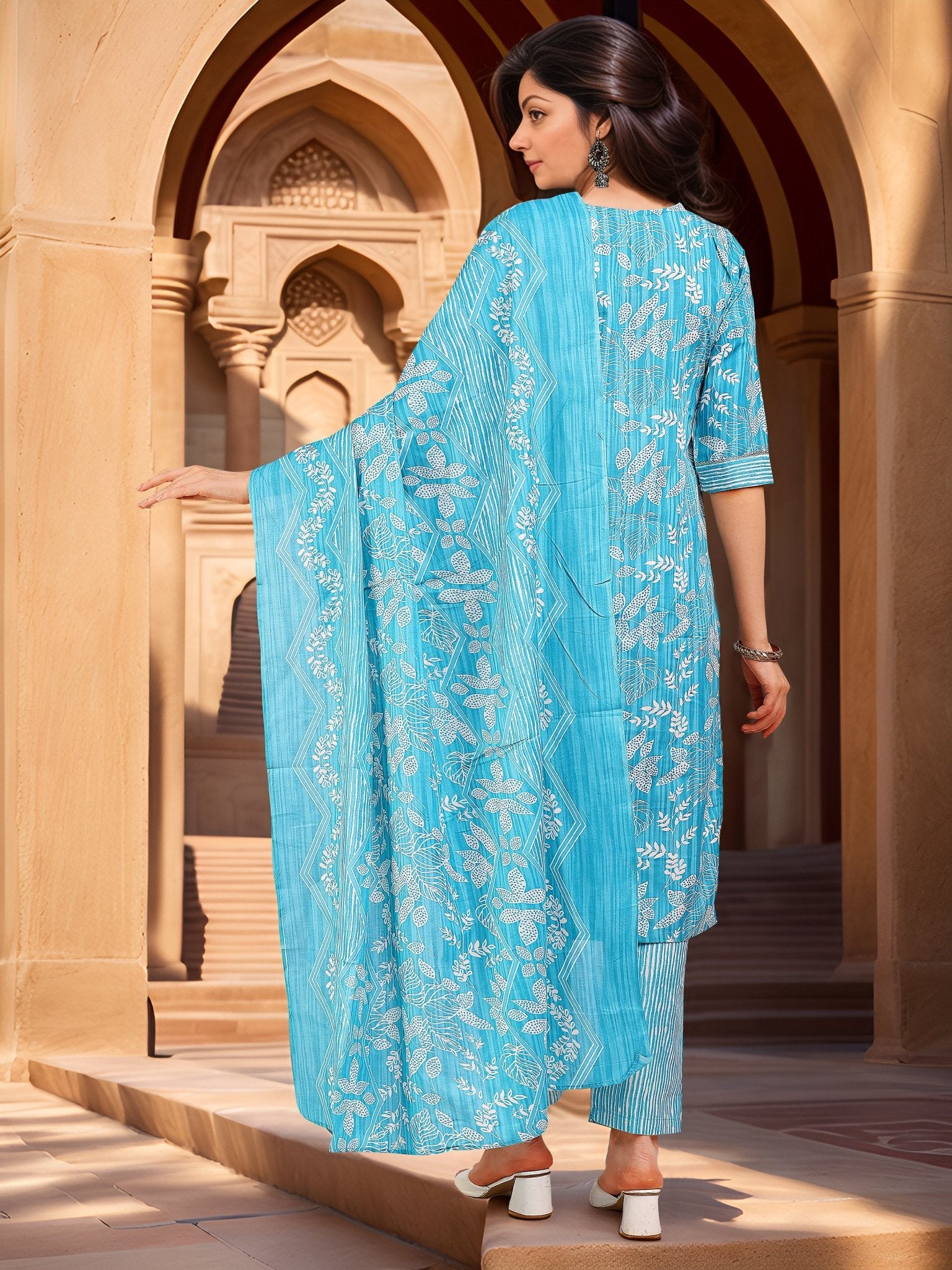 Blue Cotton Blend Kurta Set with Printed Dupatta — back view with dupatta — Banwaree India