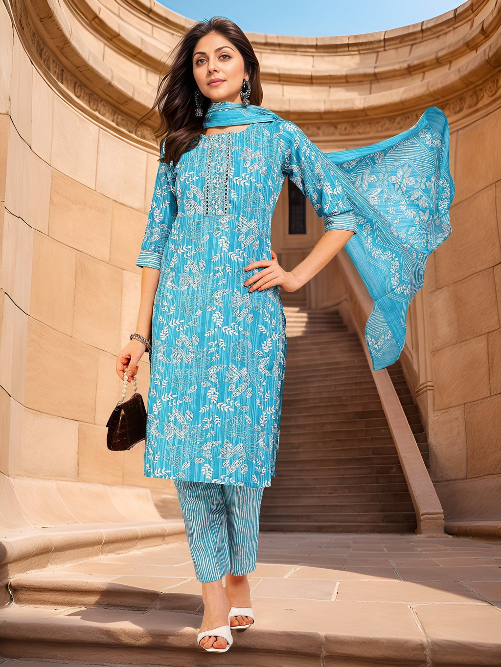 Blue Cotton Blend Kurta Set with Printed Dupatta — everyday styling — casual cotton blend — Banwaree