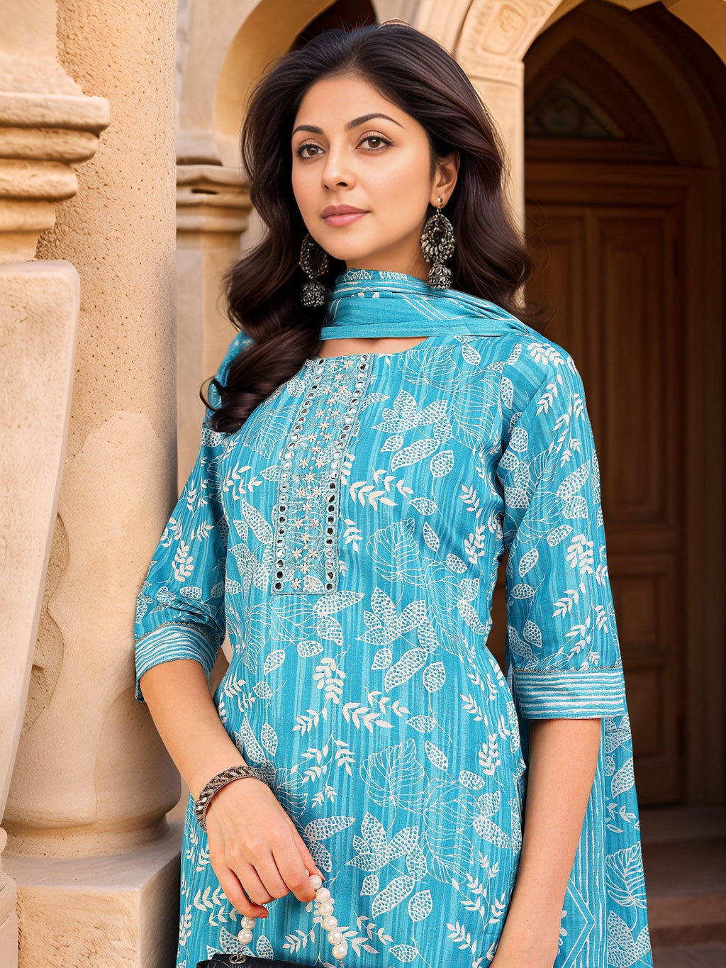 Blue Cotton Blend Kurta Set with Printed Dupatta — dupatta close up — Blue Cotton Blend — Banwaree