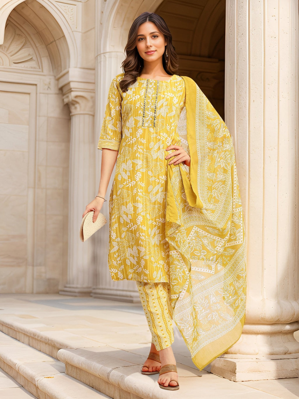 Yellow Cotton Blend Festive Kurta Set — front view — pure cotton ethnic wear women
