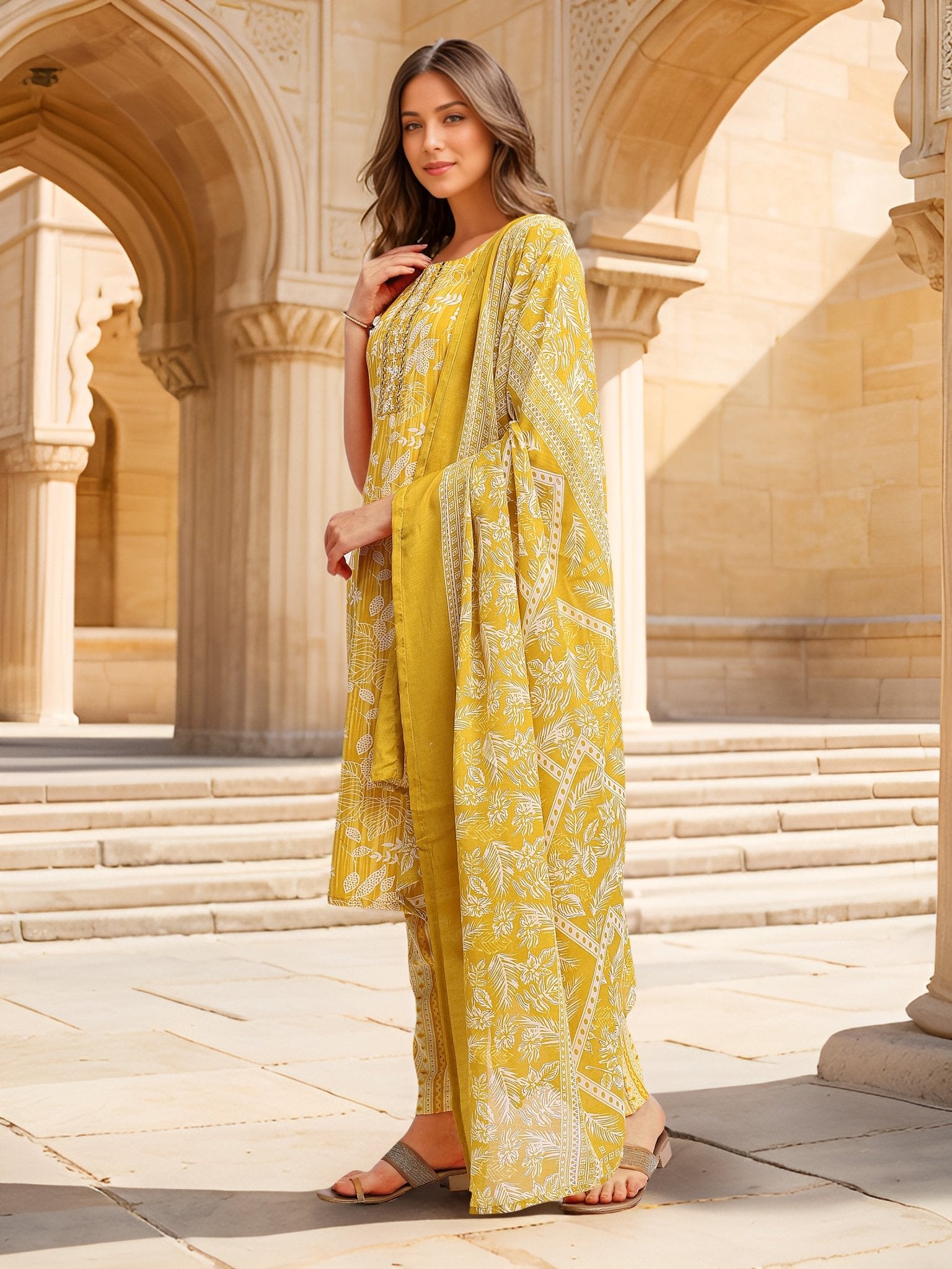 Yellow Cotton Blend Festive Kurta Set — side view — Yellow Cotton Blend women — Banwaree