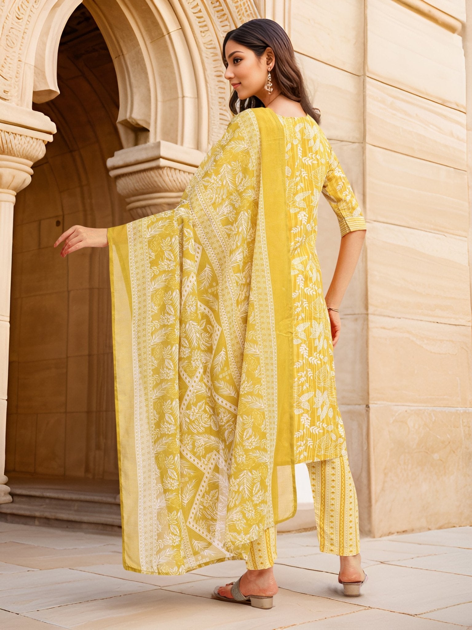 Yellow Cotton Blend Festive Kurta Set — back view with dupatta — Banwaree India