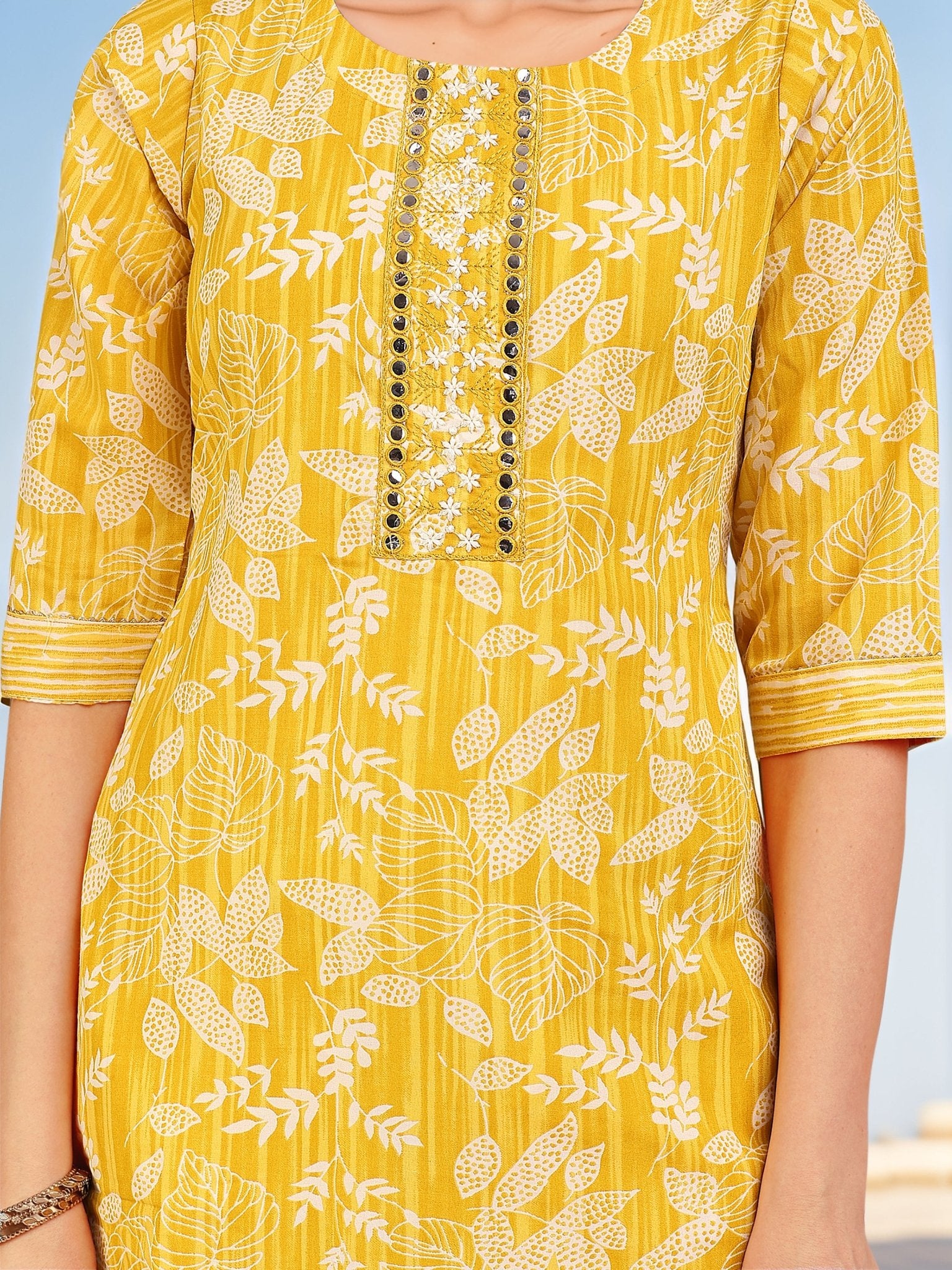 Yellow Cotton Blend Festive Kurta Set — fabric detail — Yellow breathable cotton blend