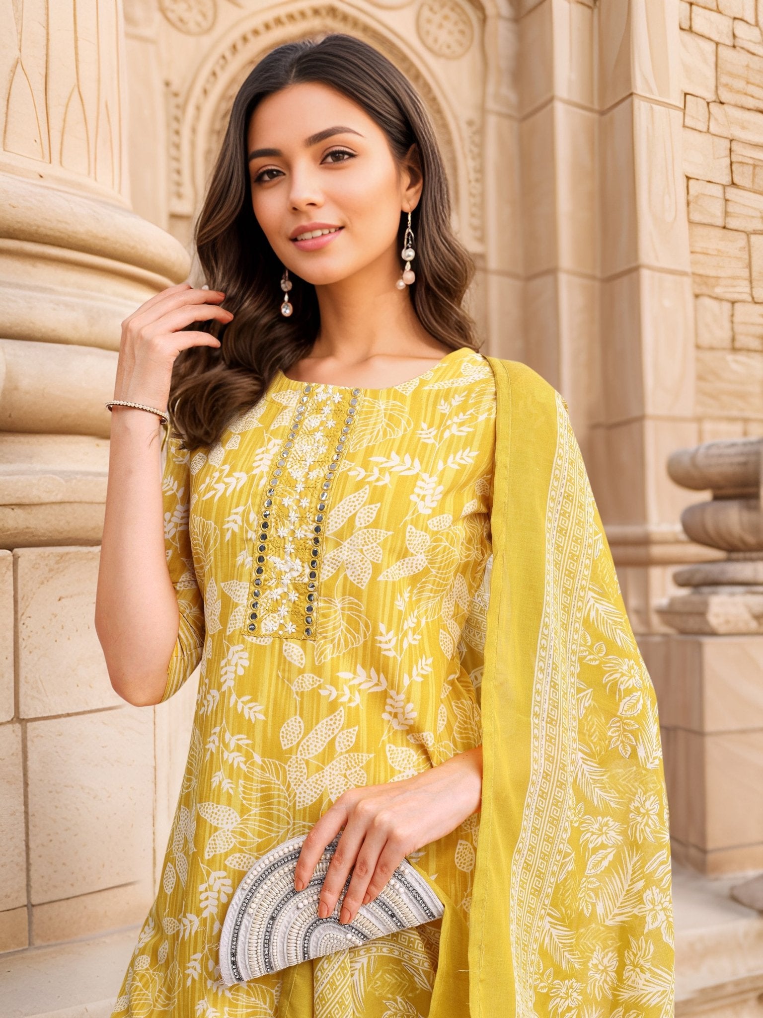 Yellow Cotton Blend Festive Kurta Set — dupatta close up — Yellow Cotton Blend — Banwaree