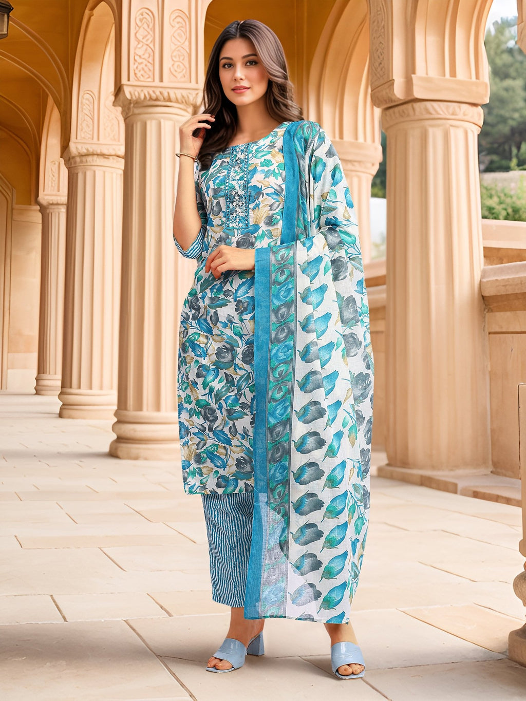 Blue Printed Kurta Set — front view — pure cotton ethnic wear women