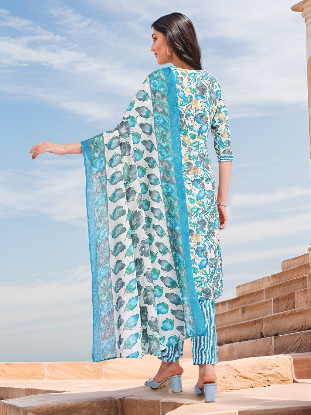 Blue Printed Kurta Set — back view with dupatta — Banwaree India